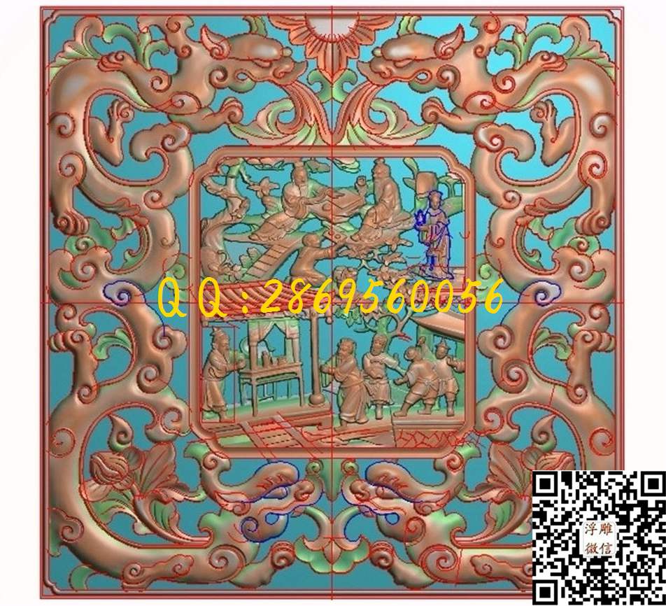 草龙3 672-887-12_龙凤呈祥仿古龙凤门板背板精雕图浮雕图